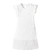 OYOANGLE Girl's Pleated Round Neck Cap Sleeve Dress Ruffle Trim A Line Summer Solid Mini Dresses White 9Y