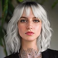 Short White Sliver Bob Wig with Bangs for Women Wavy Wig Synthetic Wigs with Bangs Curly Wavy Dark Roots Colorful Wig for Girls Daily Use（14 Inches）