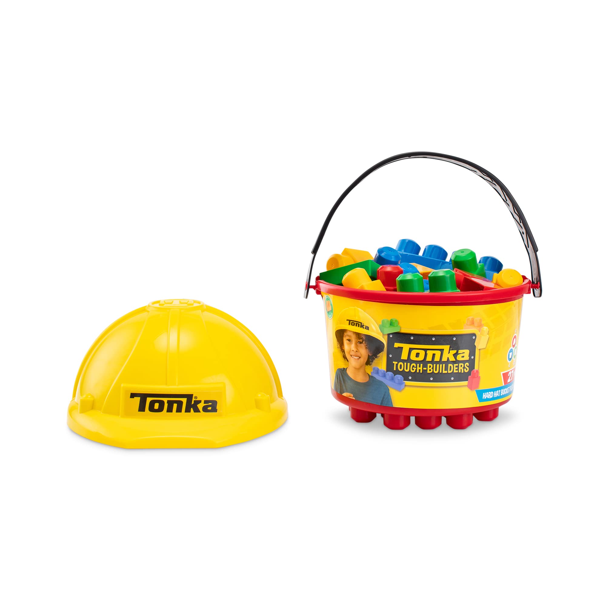 Tonka Tough Builders - Hard Hat & Large Size 25 Building Blocks and Bucket Playset, Educational Preschool Toy, Sensory, Travel Toy for Ages 1+, Great Summer Gift Indoor and Outdoor