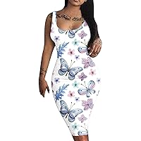 Summer Sexy Dresses for Women 2024 Trendy Floral Print Bodycon Dresses Sleeveless Scoop Neck Knee Length Party Dress