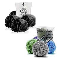 Shower Caps 4 Pack Black and Elegance Bath Sponge 4 Pack Shower Loofahs Mesh Pouf and Double Large Waterproof Bath Caps for Hair