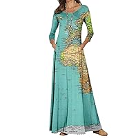Women's Plus Size African Map Print Dresses, Loose Casual Floor Length Maxi Dresses with Pockets