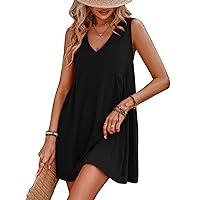 Flygo Summer Mini Dresses for Women Babydoll Dress Sleeveless Flowy Sundress V Neck Loose Dress with Pockets(Black-S)