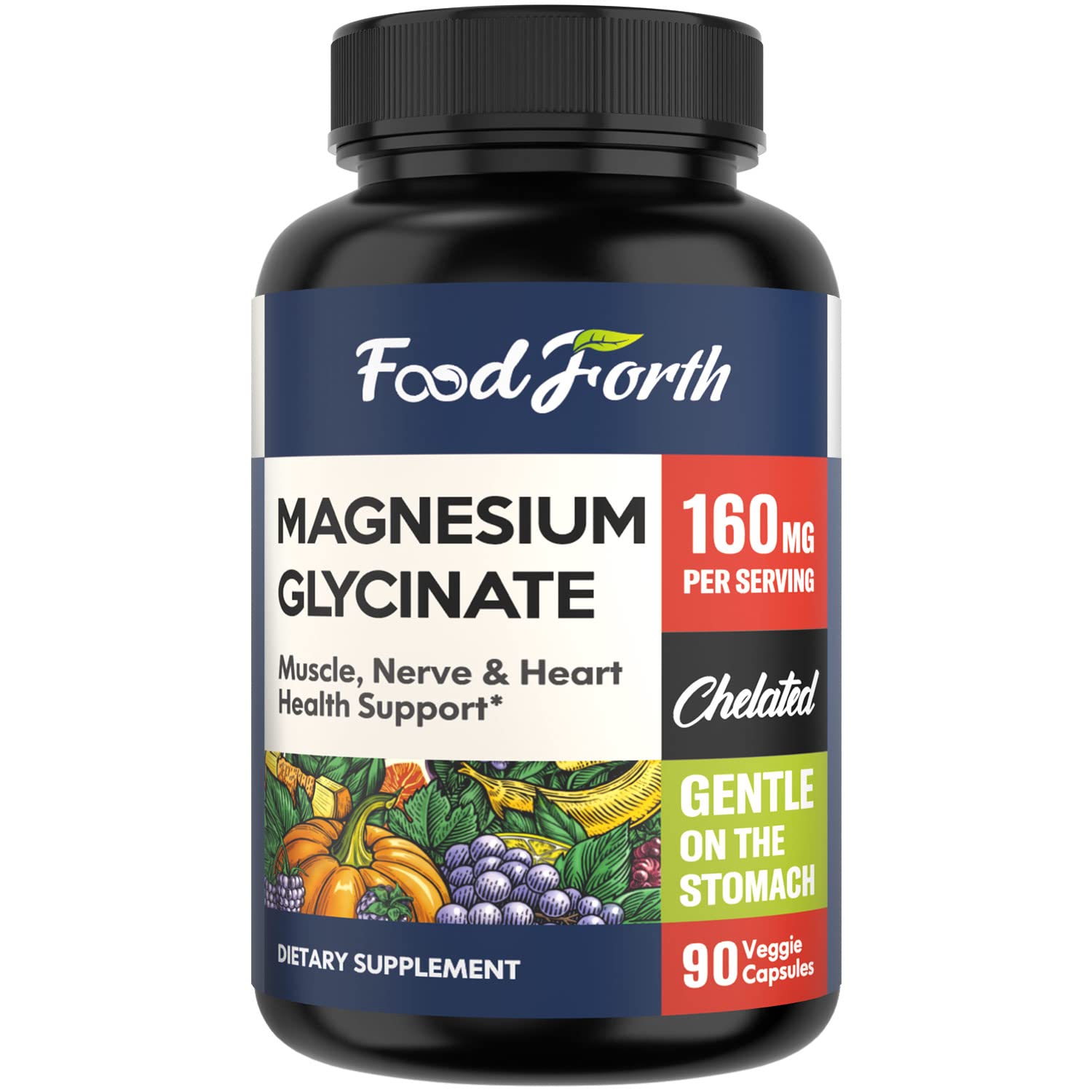 FoodForth Magnesium Glycinate, 160mg Elemental Magnesium, Chelated for Superior Absorption, Gentle on Stomach, Supports Muscle, Nerve, Heart Health, Non-GMO, No Gluten, Made in USA, 90 Veggie Capsules