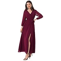YiZYiF Women Long Sleeve V Neck Chiffon Maxi Dress Side Slit Solid Bridesmaid Dress with Waist Belt Burgundy 16