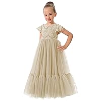 2Bunnies Girl Orchid Lace Flutter Sleeve A-Line Swirly Ruffle Tulle Communion Rustic Boho Flower Girl Dress