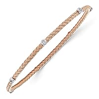 2.75mm 925 Sterling Silver Slip on Rose Gold Plated CZ Cubic Zirconia Simulated Diamond Polished Textured Cuff Stackable Bangle Bracelet Jewelry for Women