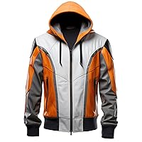 Men’s Orange & Grey Hooded Biker Outfit Leather Jacket