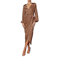 PRETTYGARDEN Womens Puff Sleeve Wrap V Neck Ruched Belted Long Formal Satin Cocktail Dress