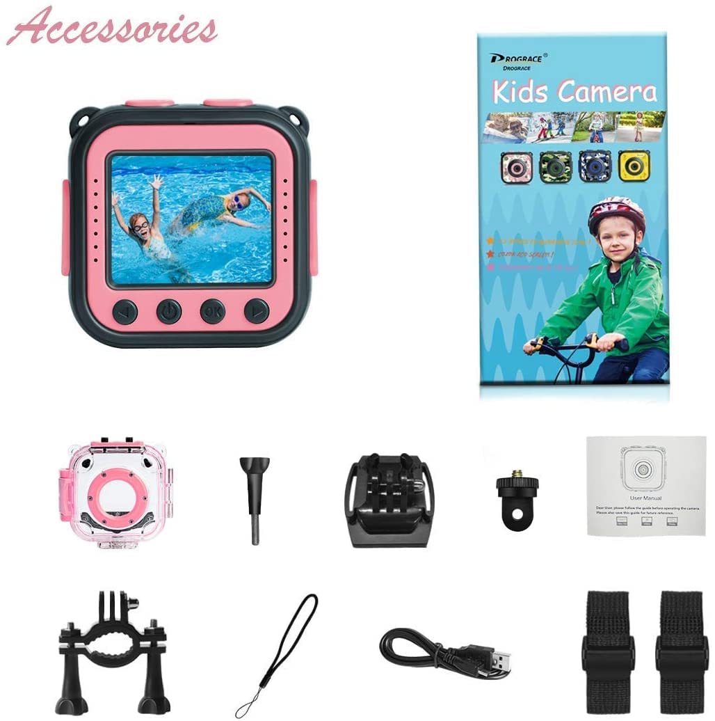 PROGRACE Kids Waterproof Camera Girls - Kids Video Camera Underwater 1080P HD Children Camcorder Digital Camera for Girls Holidays Birthday Toys Gifts 3 4 5 6 7 8 9 10 11 12 Year Old