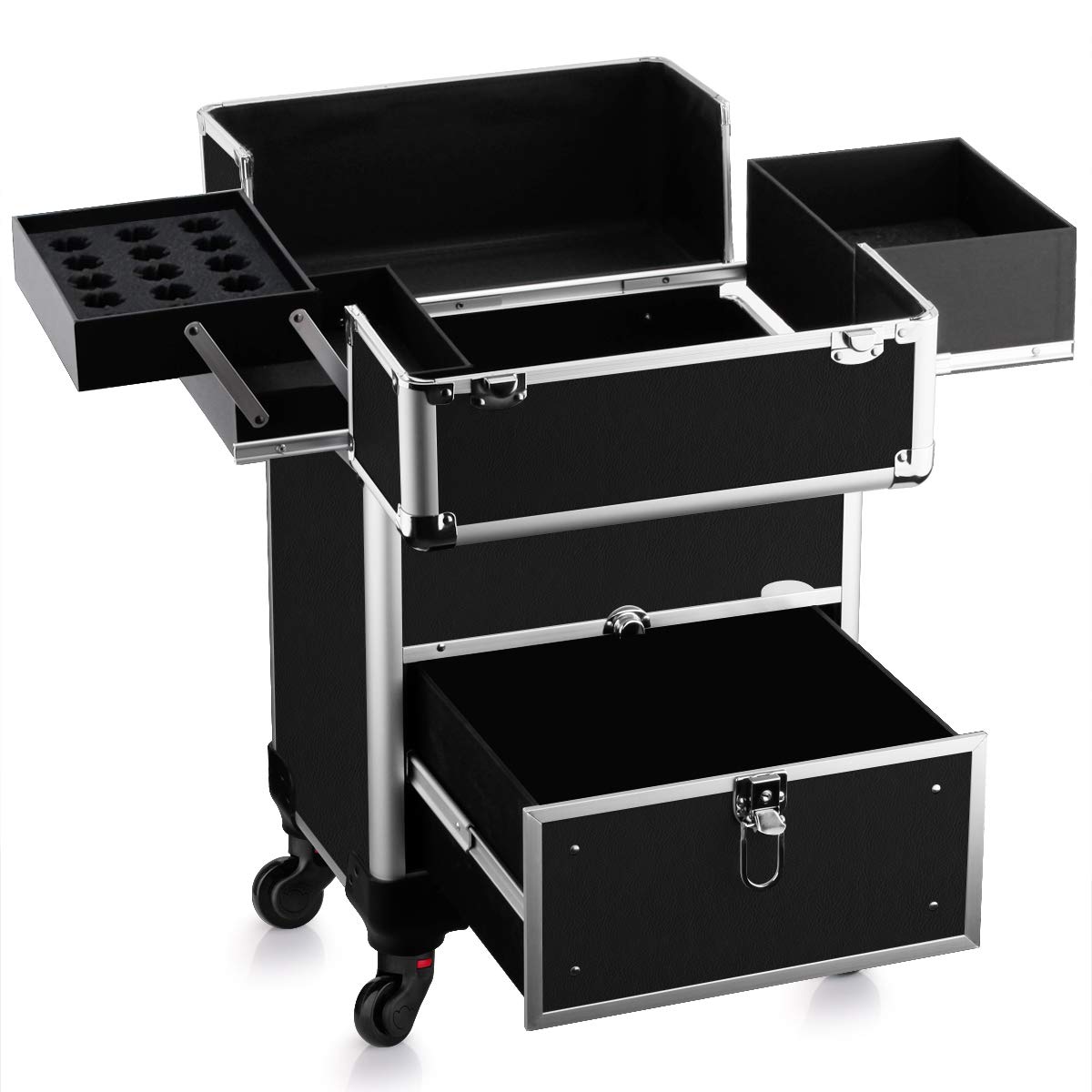 OUDMAY Makeup Case - Aluminum Professional Rolling Cosmetic Storage Box With Drawer and Locks