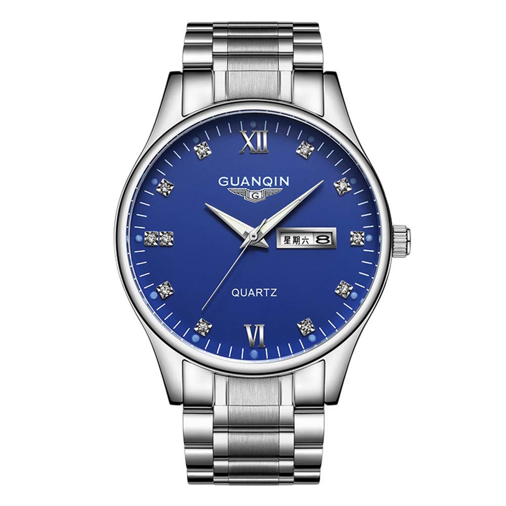 Guanqin Men Quartz Fashion Business Rhinestone Luminous Calendar Wrist Watch with Analog Display and Stainless Steel Band