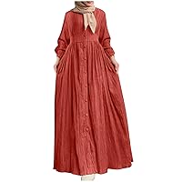 Button Down Muslim Abaya Dress for Women Plus Size Long Sleeve Pleated Islamic Dress Arabian Dubai Prayer Clothes