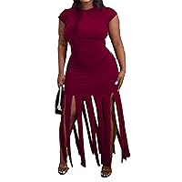Womens Sexy Plus Size Short Sleeve Solid Color Stretch Tassel Package Hip Dress