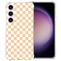 Phone Case for Samsung Galaxy S23 5G/4G, Orange White Grid Plaid Regular Lattice Checkered Checkerboard Cute Shockproof Protective Anti-Slip Soft Clear Cover Shell