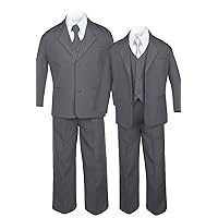 6pc Formal Boy Dark Gray Vest Set Suit Extra Satin Silver Necktie S-20 (S:(0-6 Months))