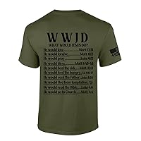 Mens Christian Shirt WWJD? He Would Love Forgive Pray Bless Christian Flag Sleeve Back Design Short Sleeve T-Shirt