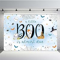 MEHOFOND 7x5ft Halloween Baby Shower Backdrop a Little Boo is Almost Due Blue Watercolor for Boy Background with Spider Web Baby Shower Party Banner Decor Photo Booth Studio