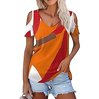 Womans Clothing Cold Shoulder Tops for Women 2024 Summer Fashion Trendy Casual Sexy Loose with Short Sleeve V Neck Shirts Saffron XX-Large