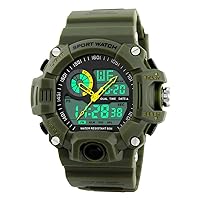 FeiWen Large Dial Sports Watch for Men LED Multifunction 5ATM Waterproof Analog Digital Dual Display Simple Design Watches, Green