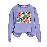 Hello 2024 Sweatshirt for Women New Year 2024 Shirt Funny Letter Print Long Sleeve Tops Oversized Crew Neck Blouse