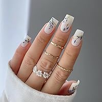 Gold Blue Leaves Press on Nails Medium Coffin Fake Nails with Splicing Design Acrylic False Nails Glossy White Jade Acrylic Artificial False Nails Spring Summer Leaf Glue on Nails for Women 24Pcs