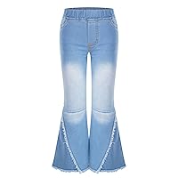 Youth Kids Flared Jeans for Girls Casual Denim Pants Bell Bottoms Junior High Waist Wide Ruffled Trousers Size 10-12