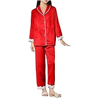 Floral Print Silk Pajamas Set for Women 2Pcs Lace Trim Outfit Button Up Long Sleeve Shirts & Pants Loungewear Sets