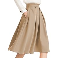 Women's High Waist Flared Skirt Pleated Midi Skirt with Pocket