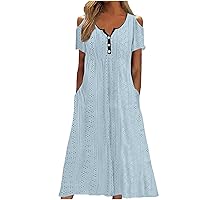 Womens Cold Shoulder Eyelet Midi Dress Summer Button V Neck T-Shirt Dress with Pockets Casual Flowy A-Line Dresses