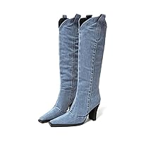 Women's Fashion Blue Cowboy Boots Women's High Heel Pointed Toe Slip-on Mid Calf Women's Casual Boots