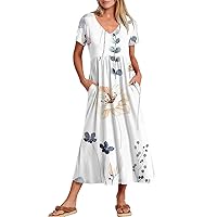 Maxi Dress for Women V Neck Short Sleeve Empire Pleated Waist Summer Casual Elegant Long Dress with Pockets