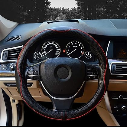 Valleycomfy Steering Wheel Covers Universal 15.75 inch - Genuine Leather, Breathable, Anti Slip & Odor Free (Black with Red Lines, L(15