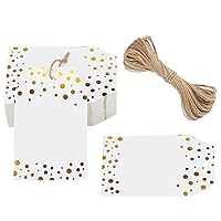 G2PLUS Foil Gold Dots Gift Tags,50Pcs White Paper HangTags with String,Metallic Gold Dots Present Tags Personalized Blank Labels for Wedding,Gift Wrapping,Birthday,Party Favors（3.34