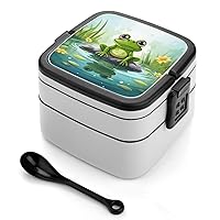 Frog In A Pond Bento Box Adult Lunch Box All-in-One Lunch Containers with Removable Compartments Double Layer Bento Lunch Box with Spoon And Handle Stackable Lunchbox