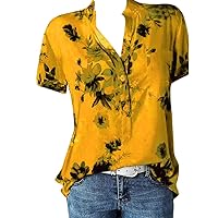 Womens Summer Vintage Floral Print Short Sleeve Button Down Shirts Casual Stand Collared T-Shirt Plus Size Blouse Tops
