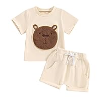 Gueuusu Toddler Baby Boy Girl Summer Clothes Short Sleeve Teddy Bear T-shirt Top Elastic Waist Shorts 2Pcs Bear Casual Outfit