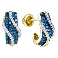 The Diamond Deal 10kt Yellow Gold Womens Round Blue Color Enhanced Diamond Half J Hoop Earrings 1.00 Cttw