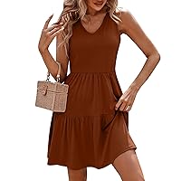 Ruched Dresses for Women 2024 Solid Color Casual Simple Trendy Loose Fit with Sleeveless Round Neck Dress