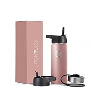 IRON °FLASK Sports Water Bottle - Wide Mouth with 3 Straw Lids - Stainless Steel Gym & Outdoor Bottles for Men, Women & Kids - Double Walled, Insulated Thermos, Metal Canteen - Rose Gold, 18 Oz