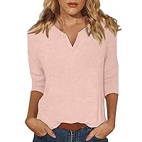 Womens Fashion 2024,3/4 Length Sleeve Womens Tops Casual V Neck Fall Shirts Loose Fit Three Quarter Length Sleeve Blouses 22-Light Pink X-Large