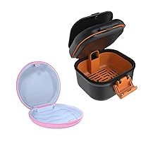 ARGOMAX Leak Proof Denture Bath Cup, Portable Soaking Denture Box, Denture Bath Case with Strainer, for Dentures and Braces, Upgraded Version with Storage Compartment (Black + Orange).