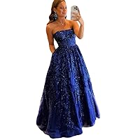 Glitter Sequin Prom Dresse Strapless Sleeveless Lace Embroid Prom Gown Scoop A-Line Formal Party Dress