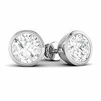 Ismatara Round Cut White Diamond In 925 Sterling Silver 14K White Gold Finish Diamond Bezel Set Solitaire Stud Earring for Women's