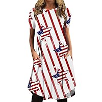 Summer Dresses Womens Independence Day Short Sleeve Crew Neck Flag Stars Graphic 4Th of July Casual Dress with Pocket