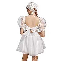 Women's Dresses Puff Sleeve Butterfly Applique Detail Tie Back Mesh Dress Dress for Women (Color : White, Size : Large)