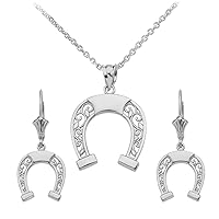14K White Gold Filigree Horseshoe Necklace Earrings Set
