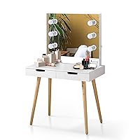 Vanity Table with 6 LED Light Makeup Mirror 2 Drawers USB Port Makeup Dressing Desk for Small Spaces Bedside,for Women Girls,White