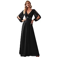 Ever-Pretty Women's V Neck Long Sleeves Floor Length Ruched Chiffon Formal Dress 00461