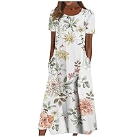 Dresses for Women 2024 Casual Summer Printed Pleated Round Neck Midi Dresses Outdoor Short Sleeve Loose Dresses